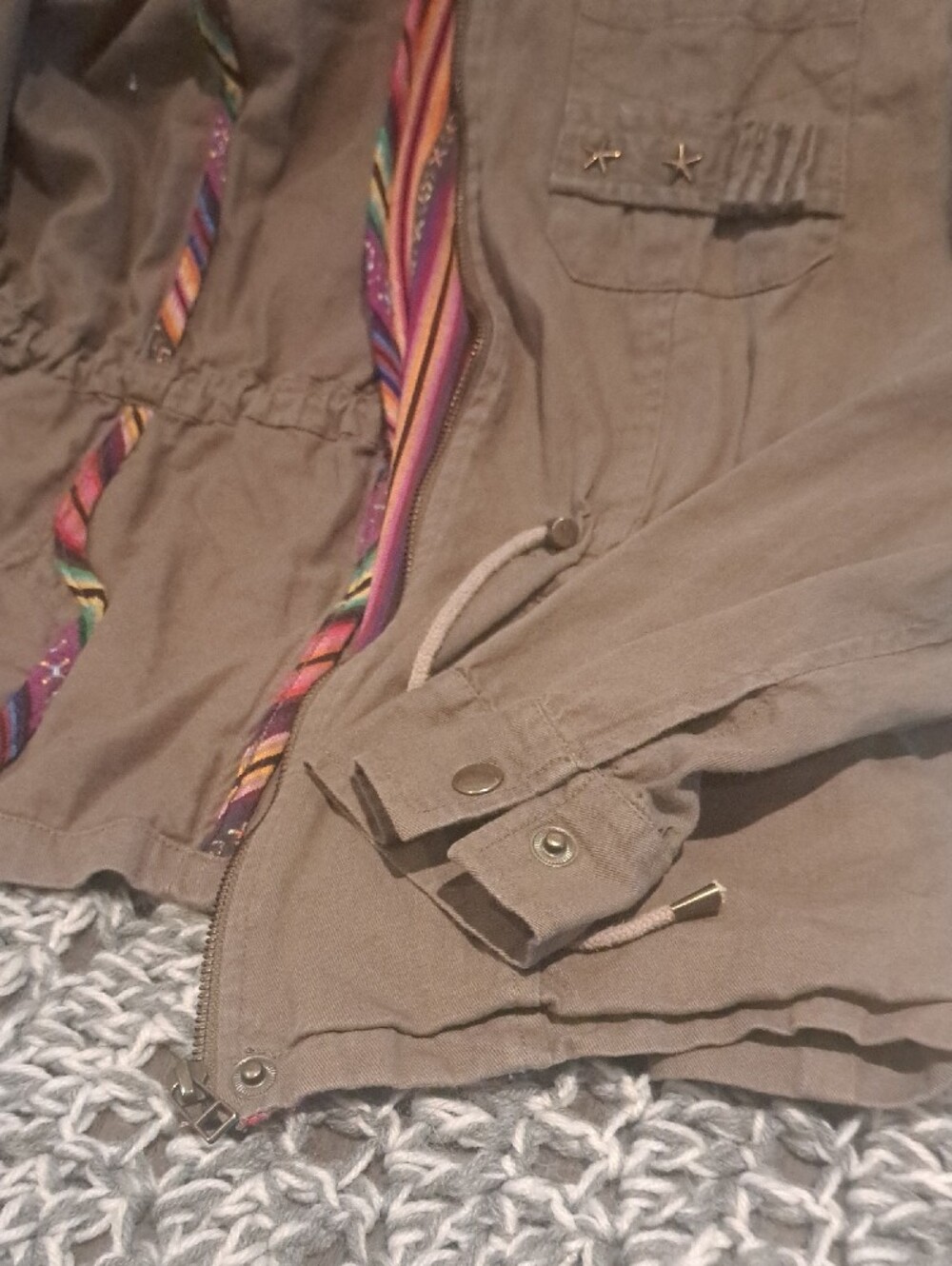 462-Ladakh Olive Utility Jacket Contrast Lining Military Style Drawstring Waist - Picture 10 of 14